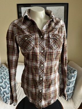 True Religion Pearl Snap Western Plaid Flannel Shirt Long Sleeve